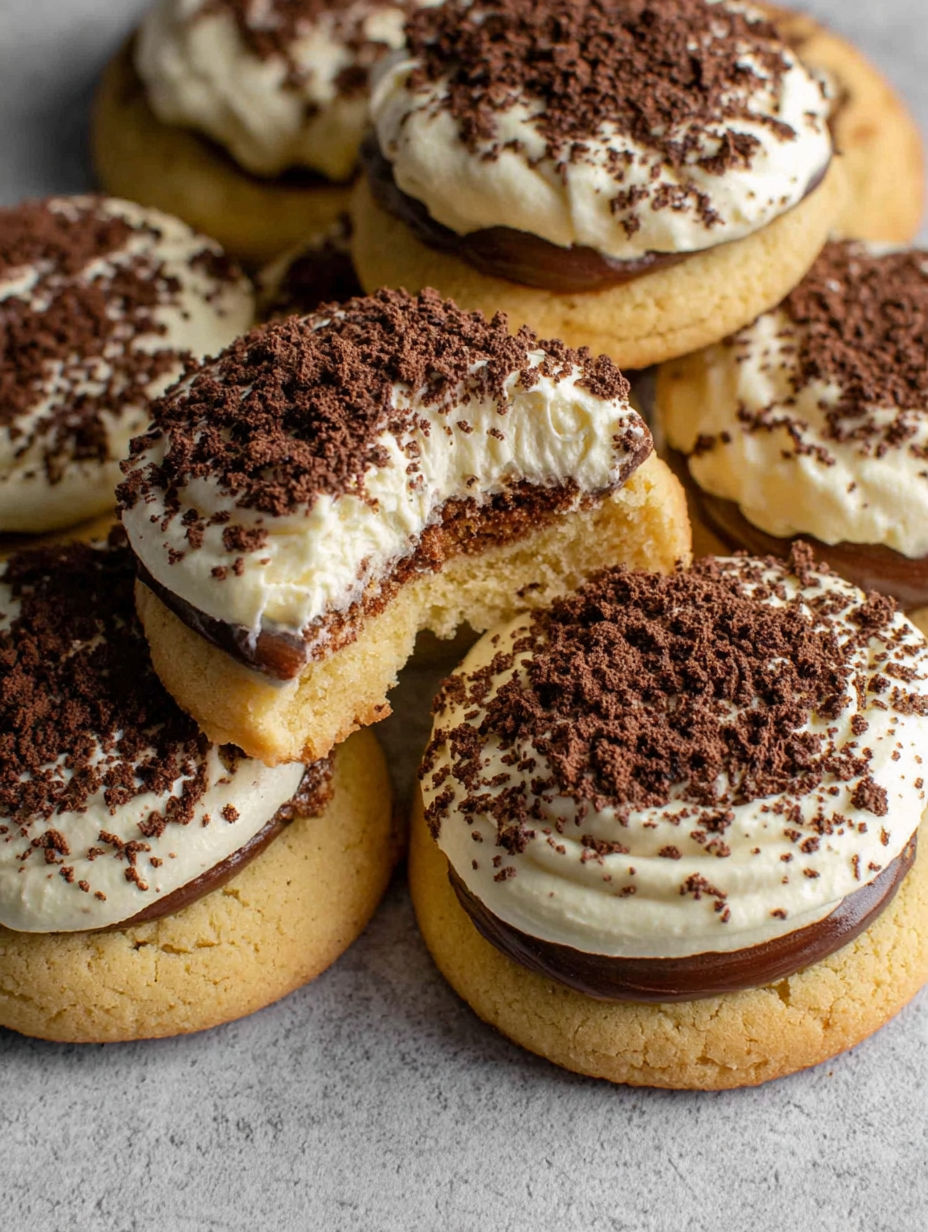 A cookie with chocolate and white frosting.