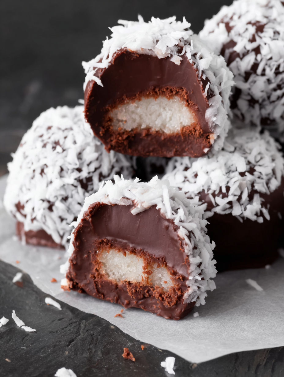 Chocolate balls with white cream and coconut.