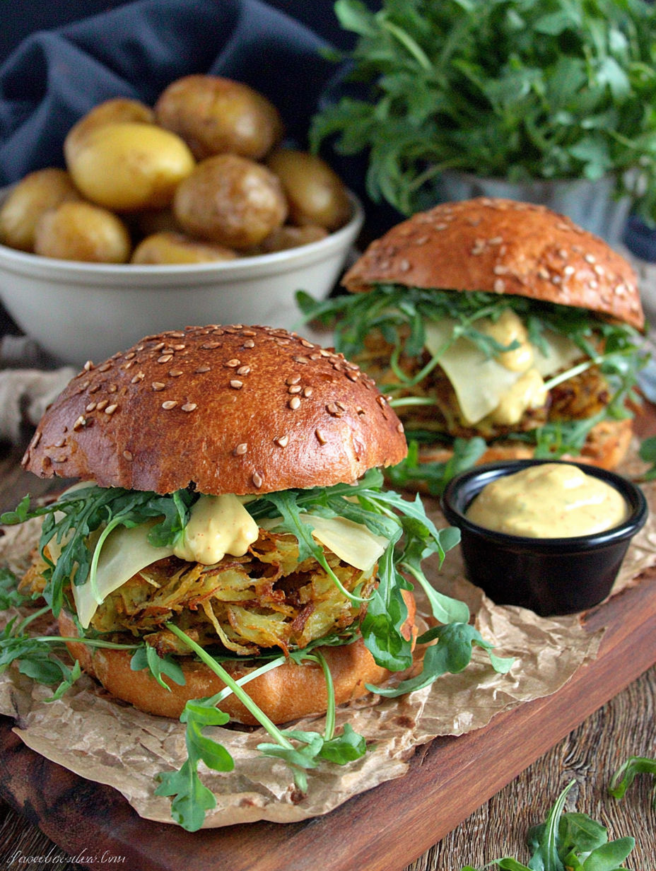 Two sandwiches with lettuce and potatoes.