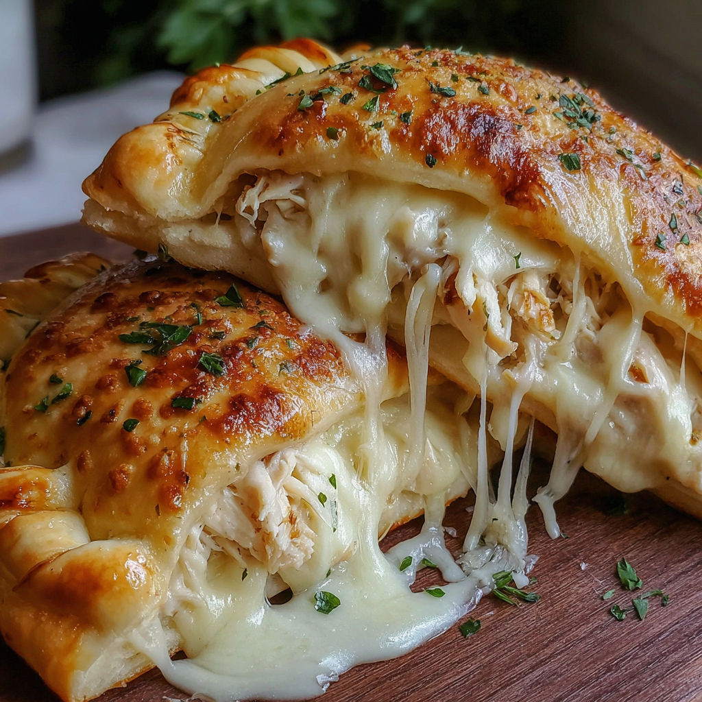 A close up of a chicken Alfredo air fryer calzone.