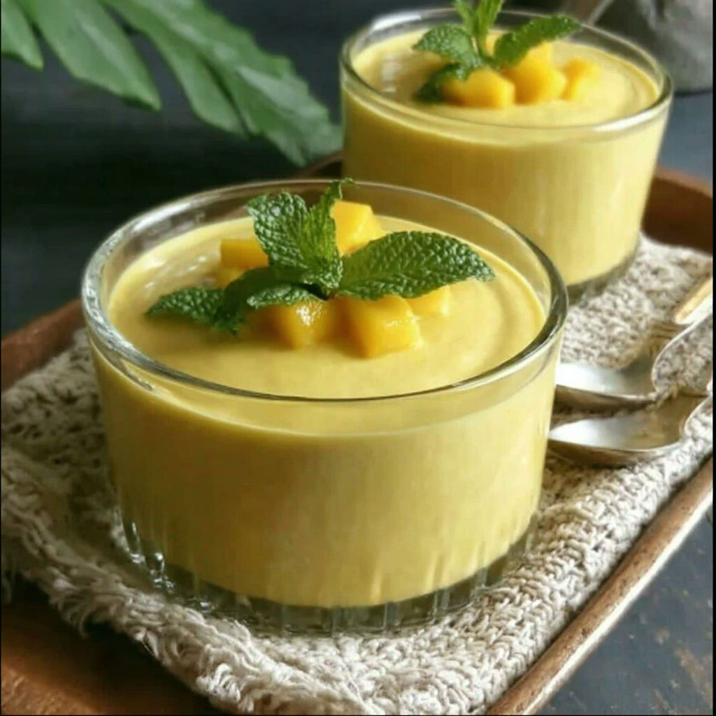 Two glasses of mango mousse with mint leaves on top.