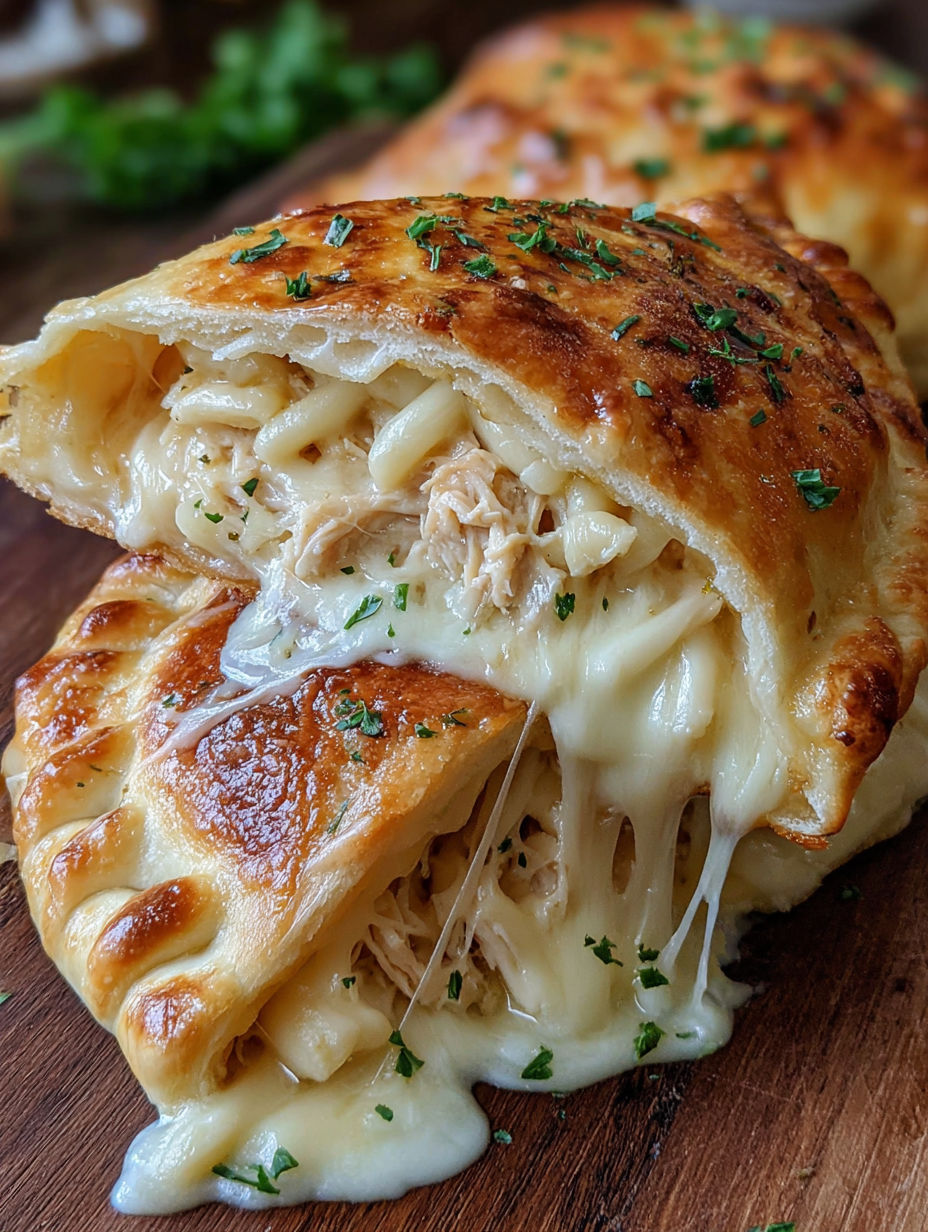 A close up of a pastry with cheese and chicken.