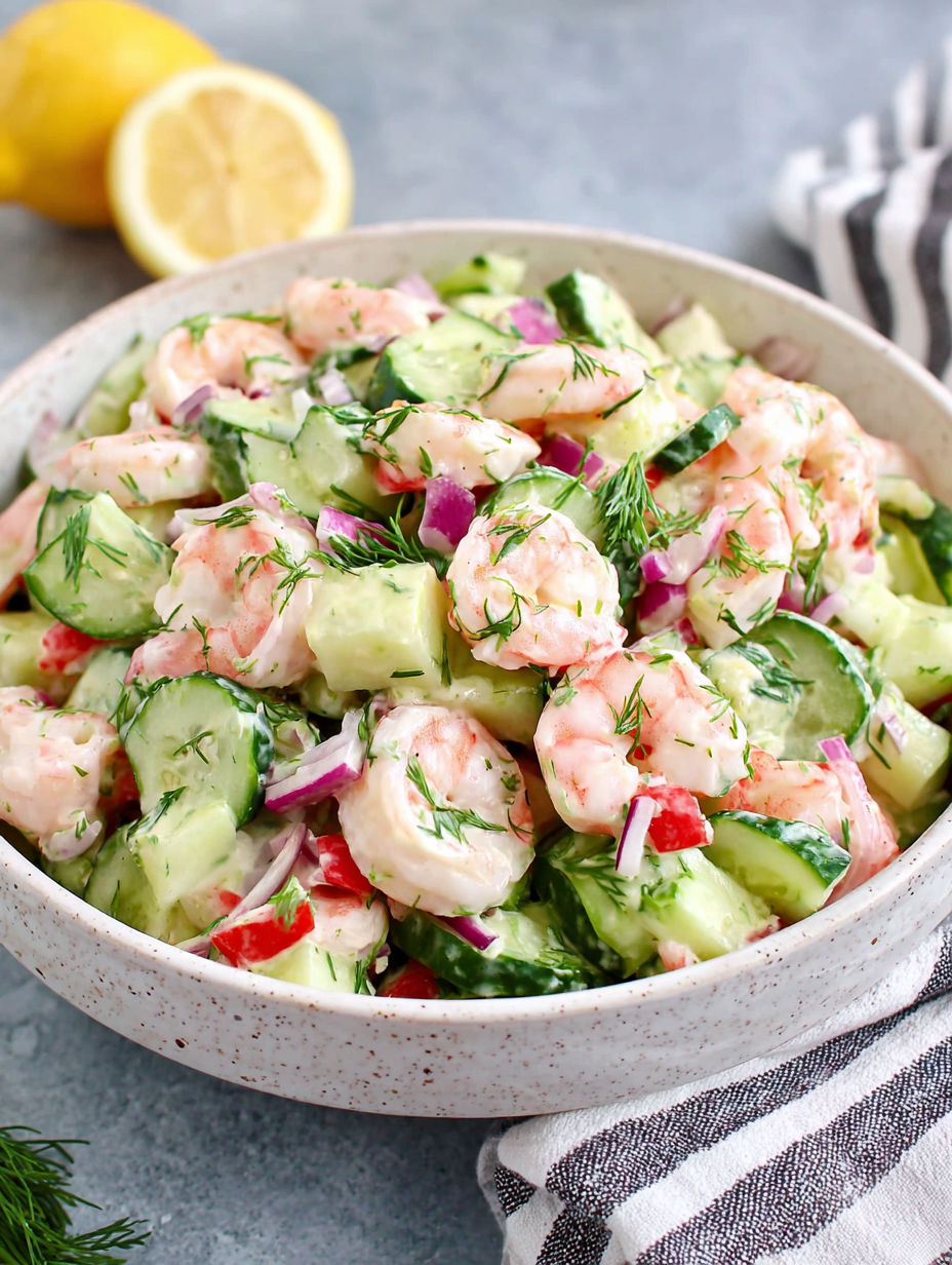 A bowl of shrimp salad with cucumbers and lemon.
