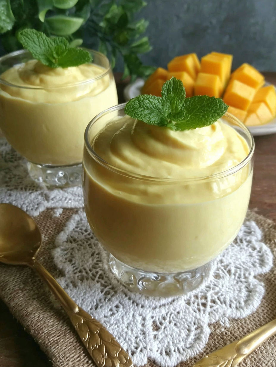 Two glasses of yellow dessert with mint leaves on top.