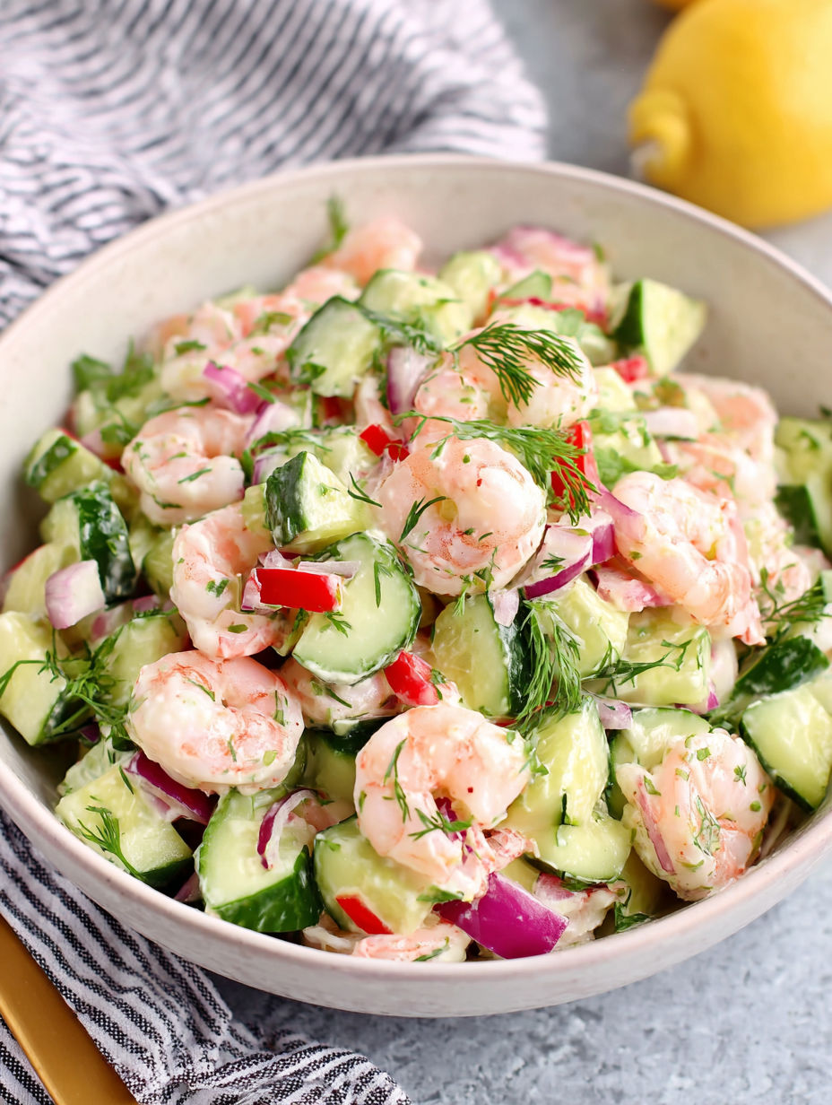 A bowl of shrimp salad with cucumbers, red peppers, and herbs.