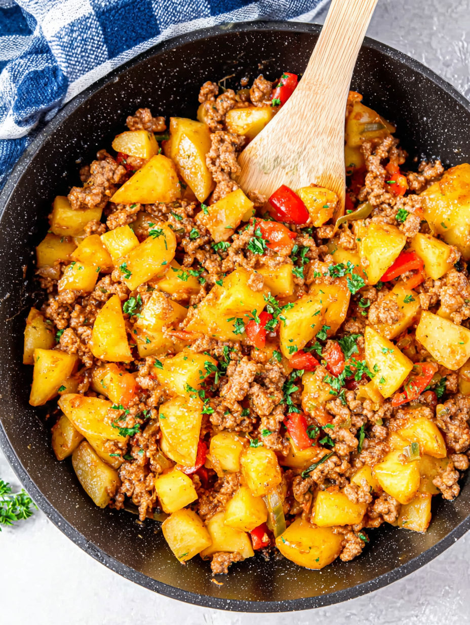 A pan of food with a wooden spoon in it.