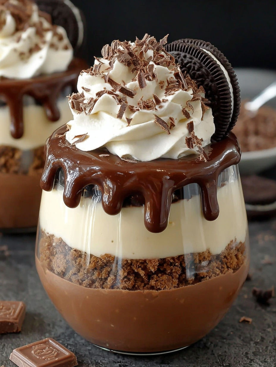 A chocolate dessert with whipped cream and a cookie on top.