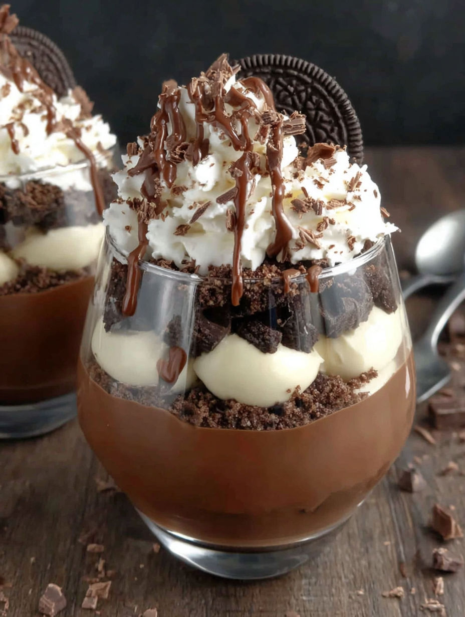 A glass of chocolate ice cream with chocolate chips and a cookie on top.