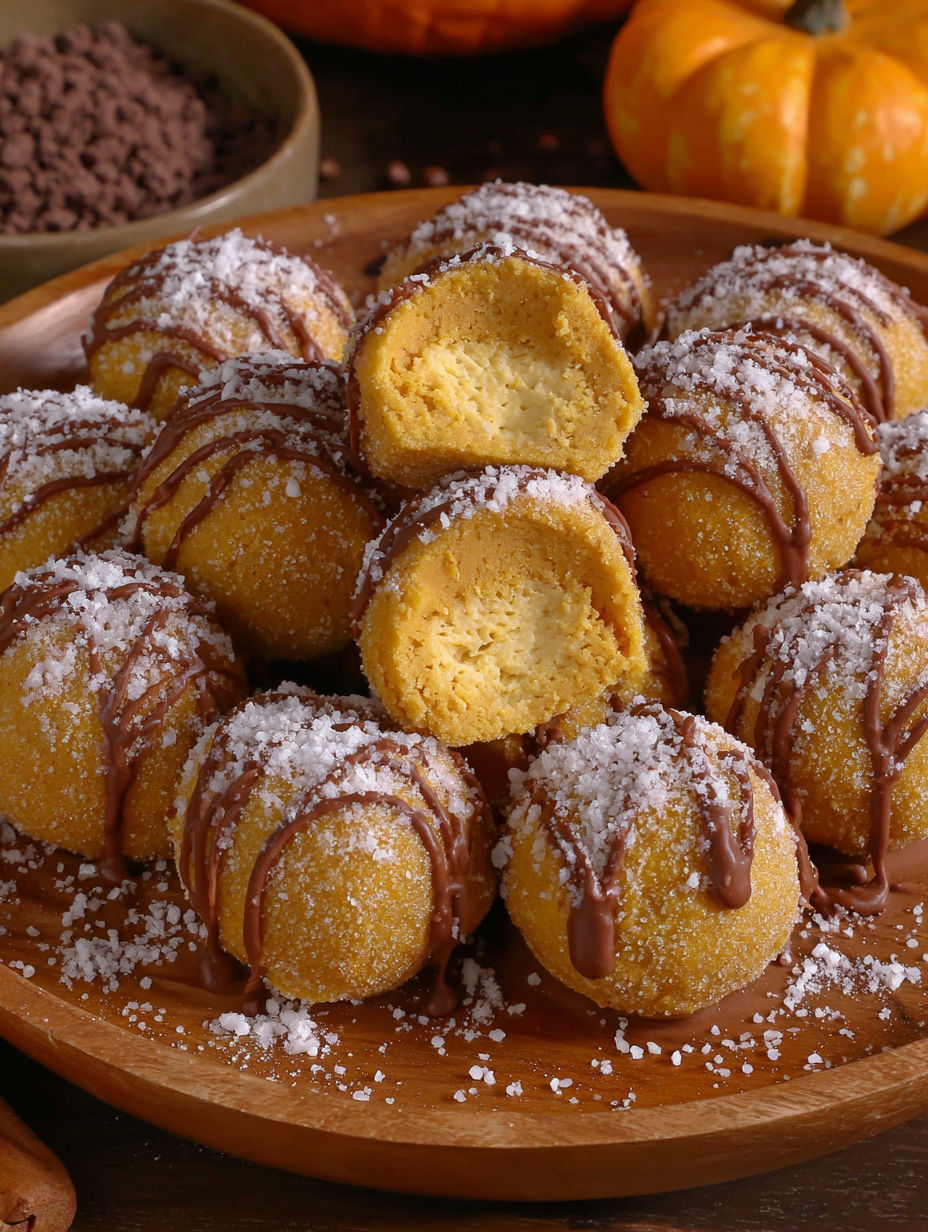 A plate of food with chocolate drizzled on top.