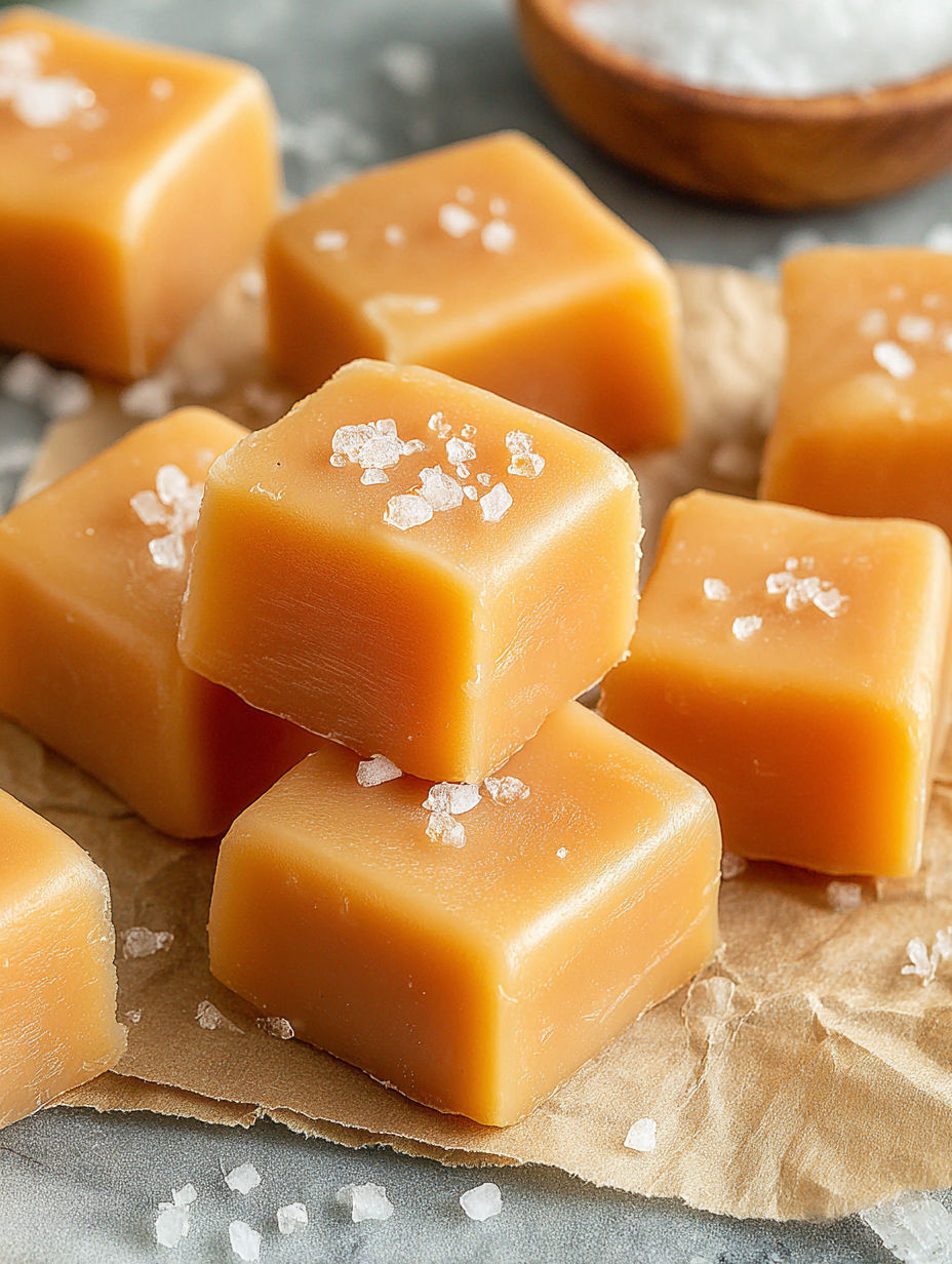 A close up of a square of caramel with a sprinkle of sugar on top.