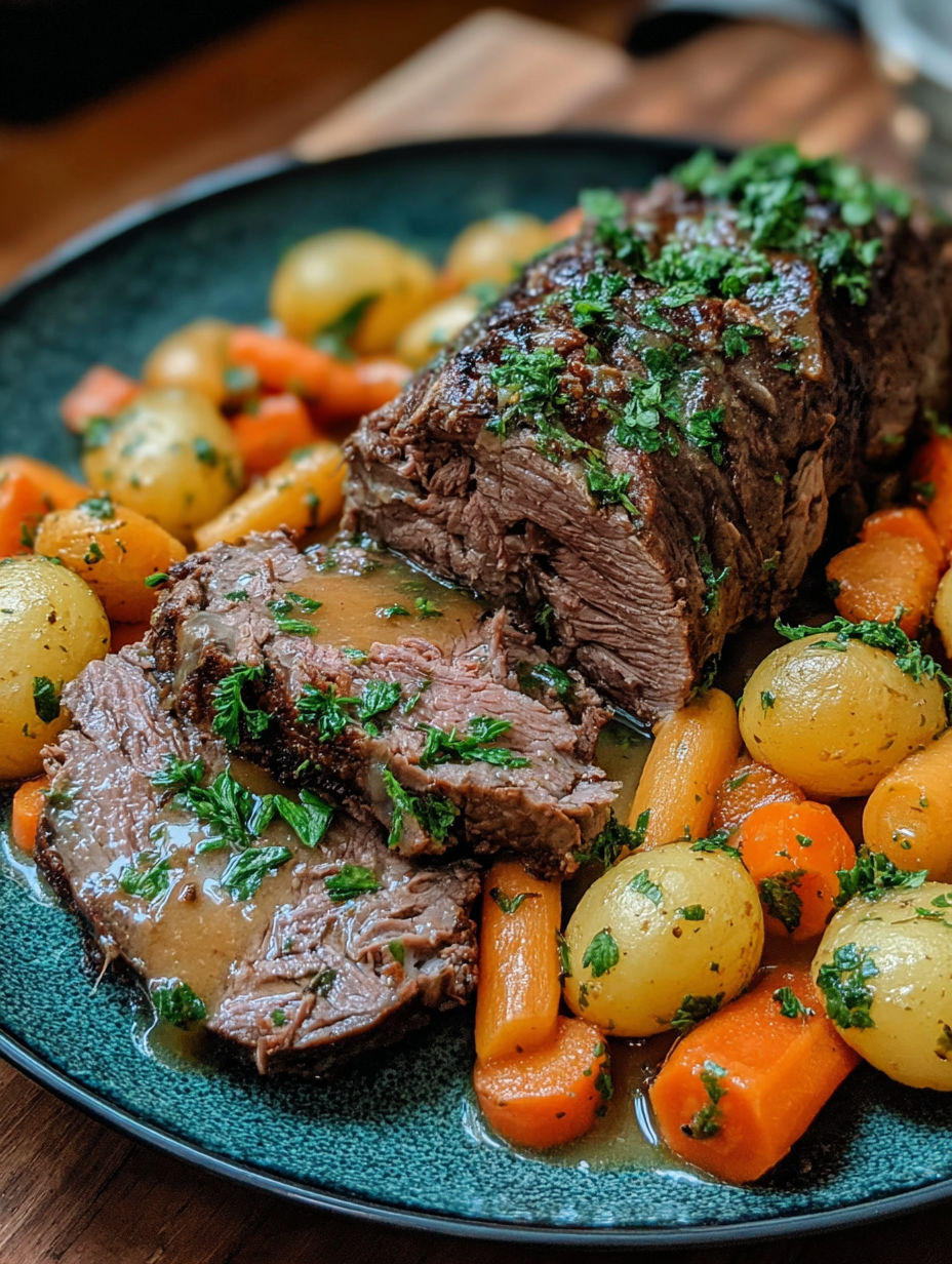 A plate of meat and vegetables with the keyword Brasato alla Toscana – Toskanischer Rinderbraten 🇮🇹.