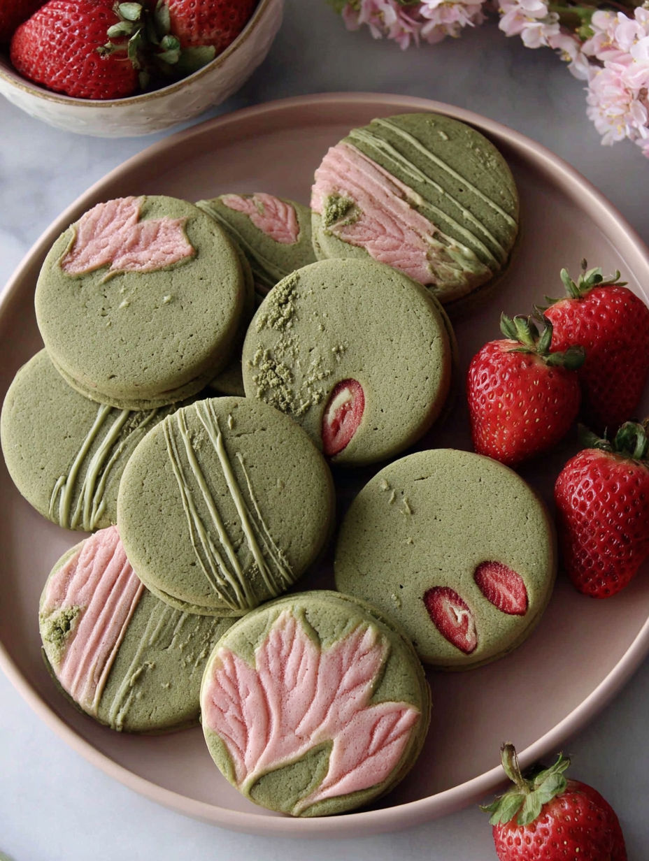 A plate of green and pink cookies with strawberries.