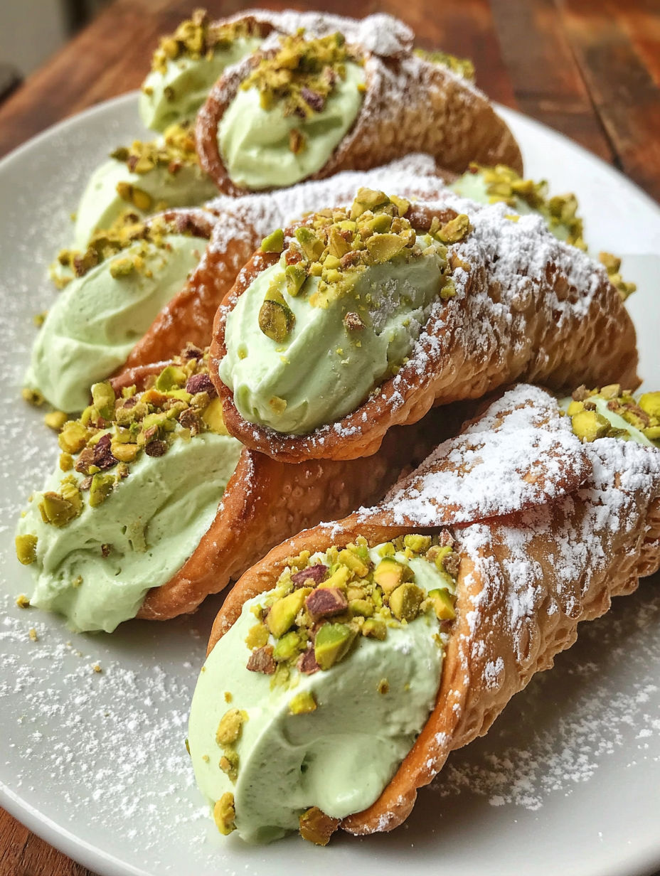 A plate of Pistachio Cannoli with white powdered sugar.