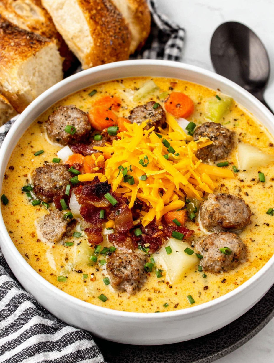 A bowl of soup with sausage, potatoes, and cheese.