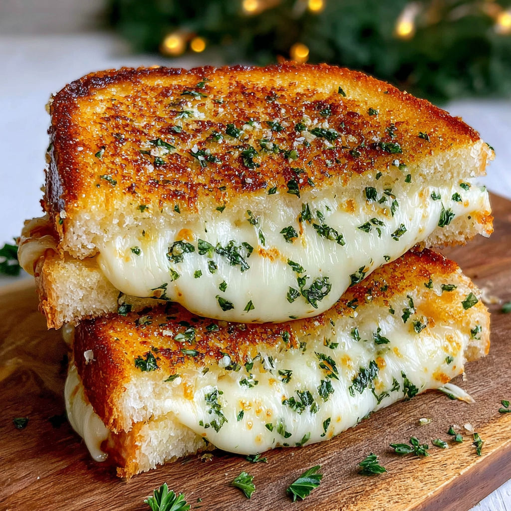 Two pieces of garlic bread grilled cheese.