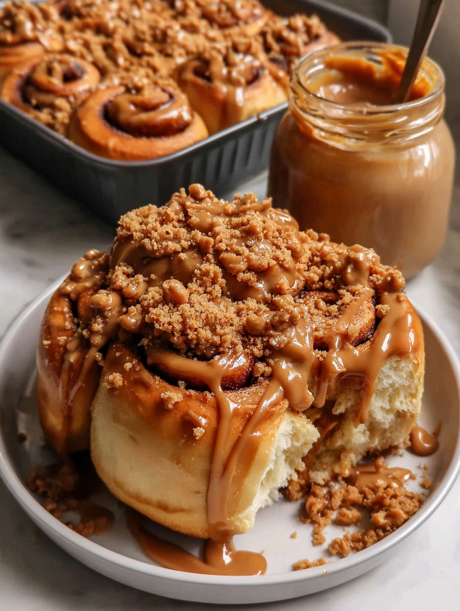 A plate of cinnamon rolls with a jar of Biscoff cookie butter.