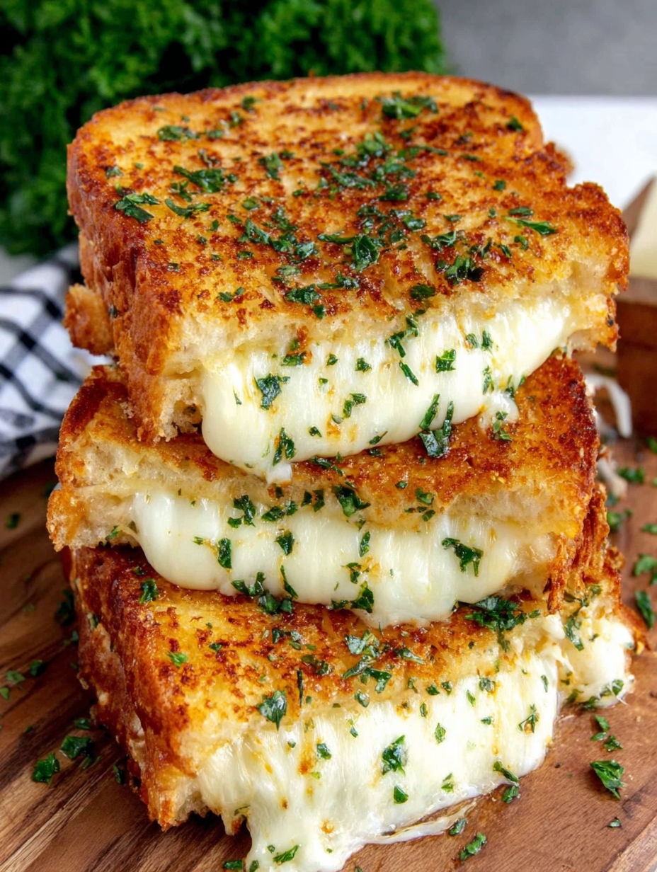 Three pieces of grilled cheese sandwiches stacked on a wooden table.