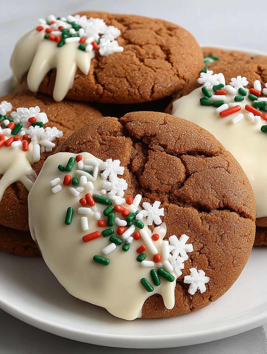 White chocolate dipped cookies with green and red sprinkles.