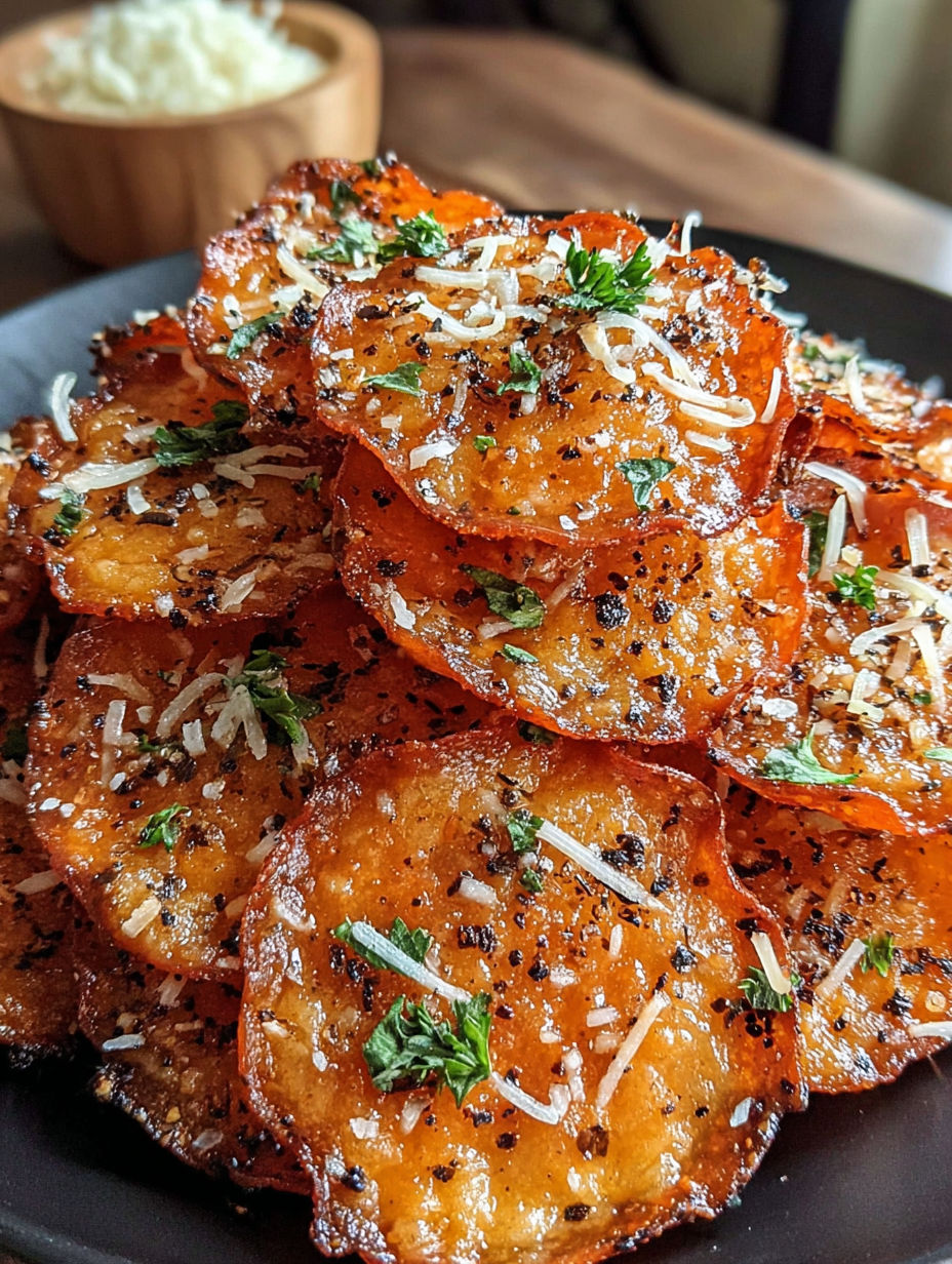 A stack of pepperoni cheese crisps.