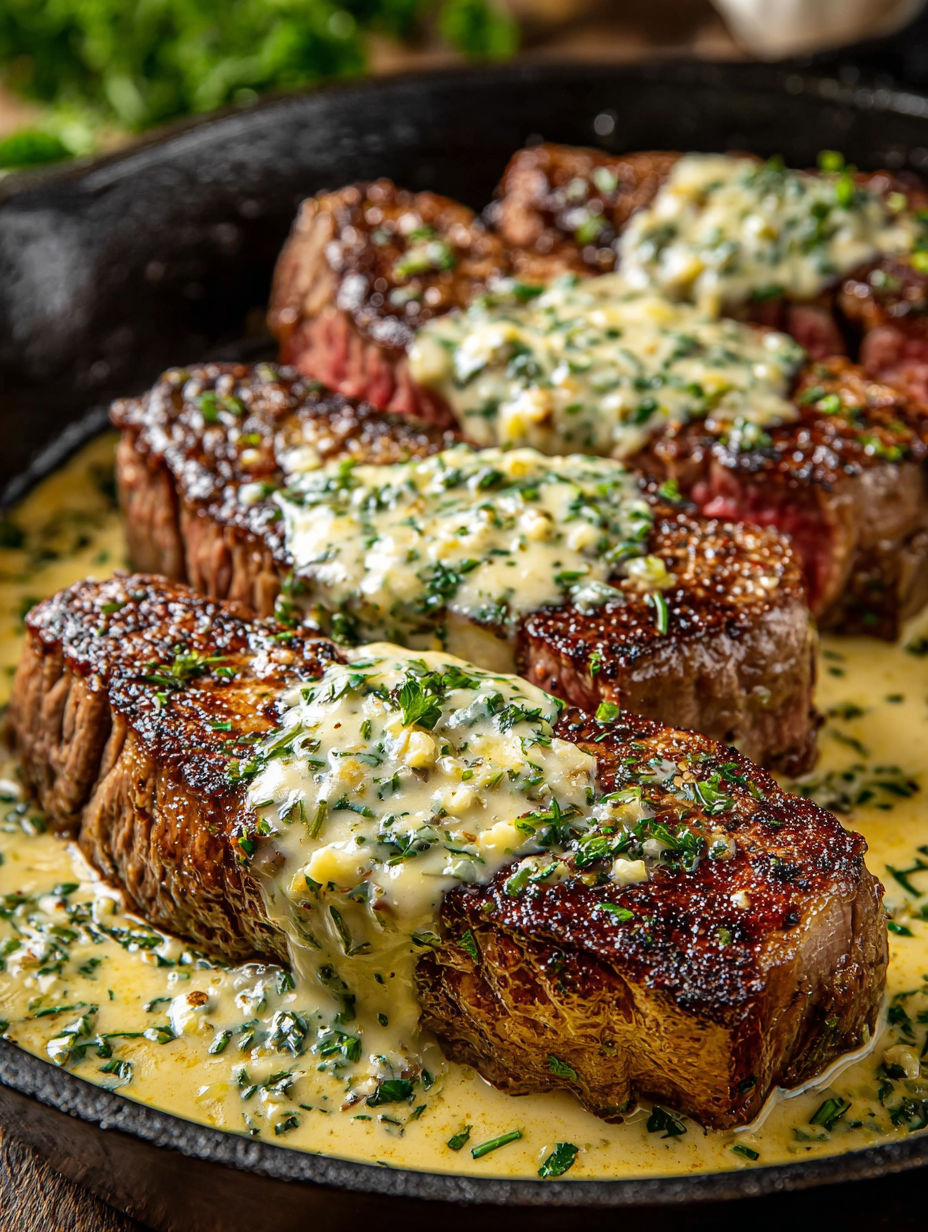 A close up of a piece of meat with garlic butter and parmesan cream sauce.