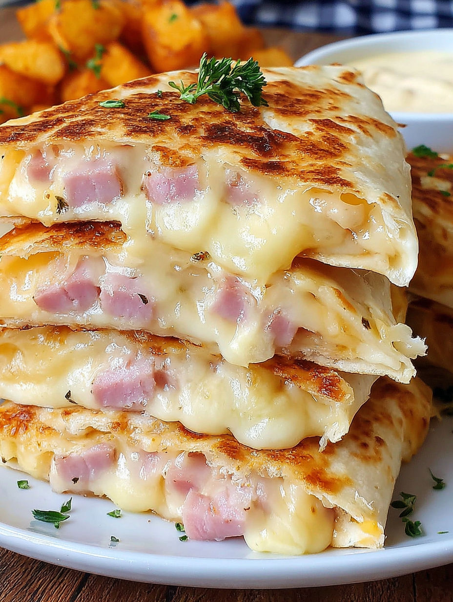 A stack of ham and cheese sandwiches.
