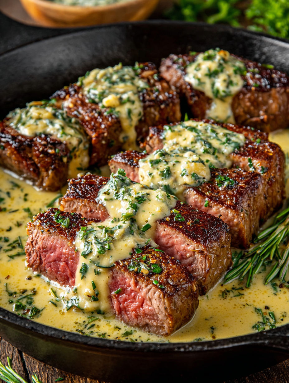 A close up of a steak with garlic butter and parmesan cream sauce.