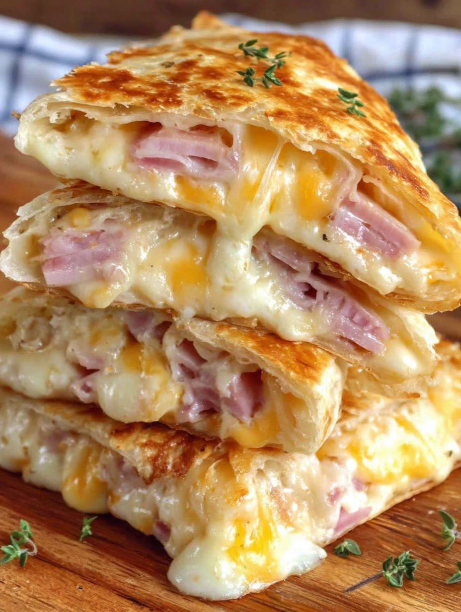 A stack of ham and cheese sandwiches.