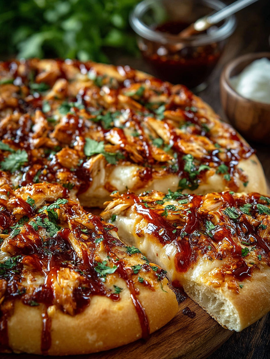 A pizza with chicken and chili sauce on it.