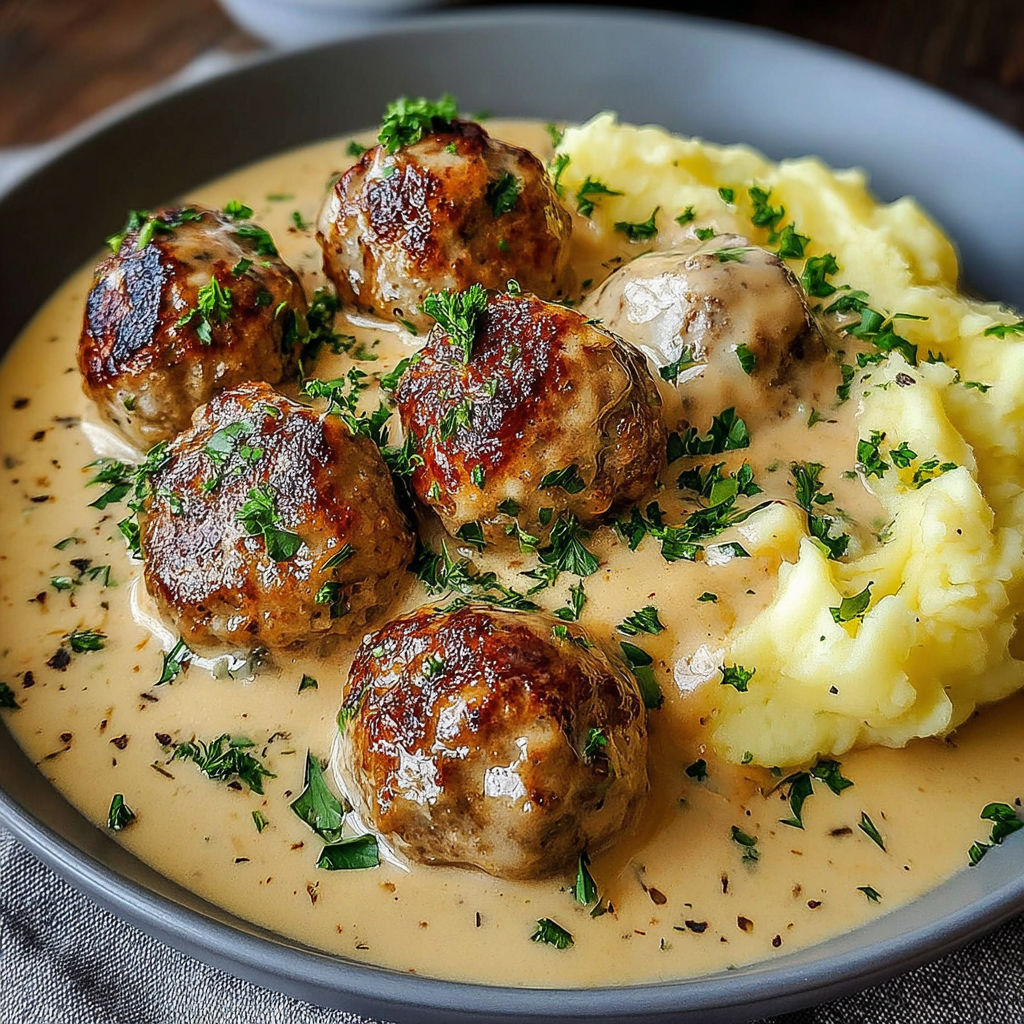 A plate of food with meatballs and potatoes.