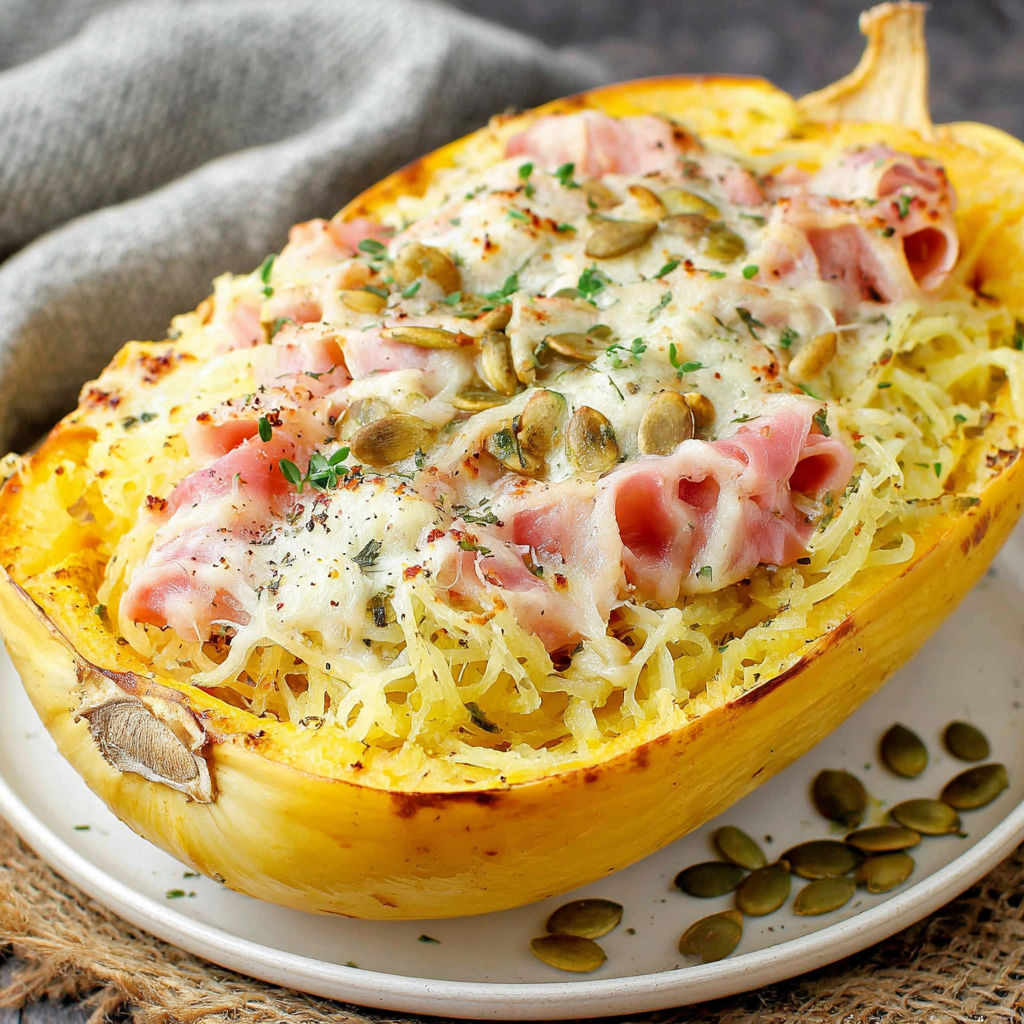 A plate of food with a spaghetti squash and bacon.