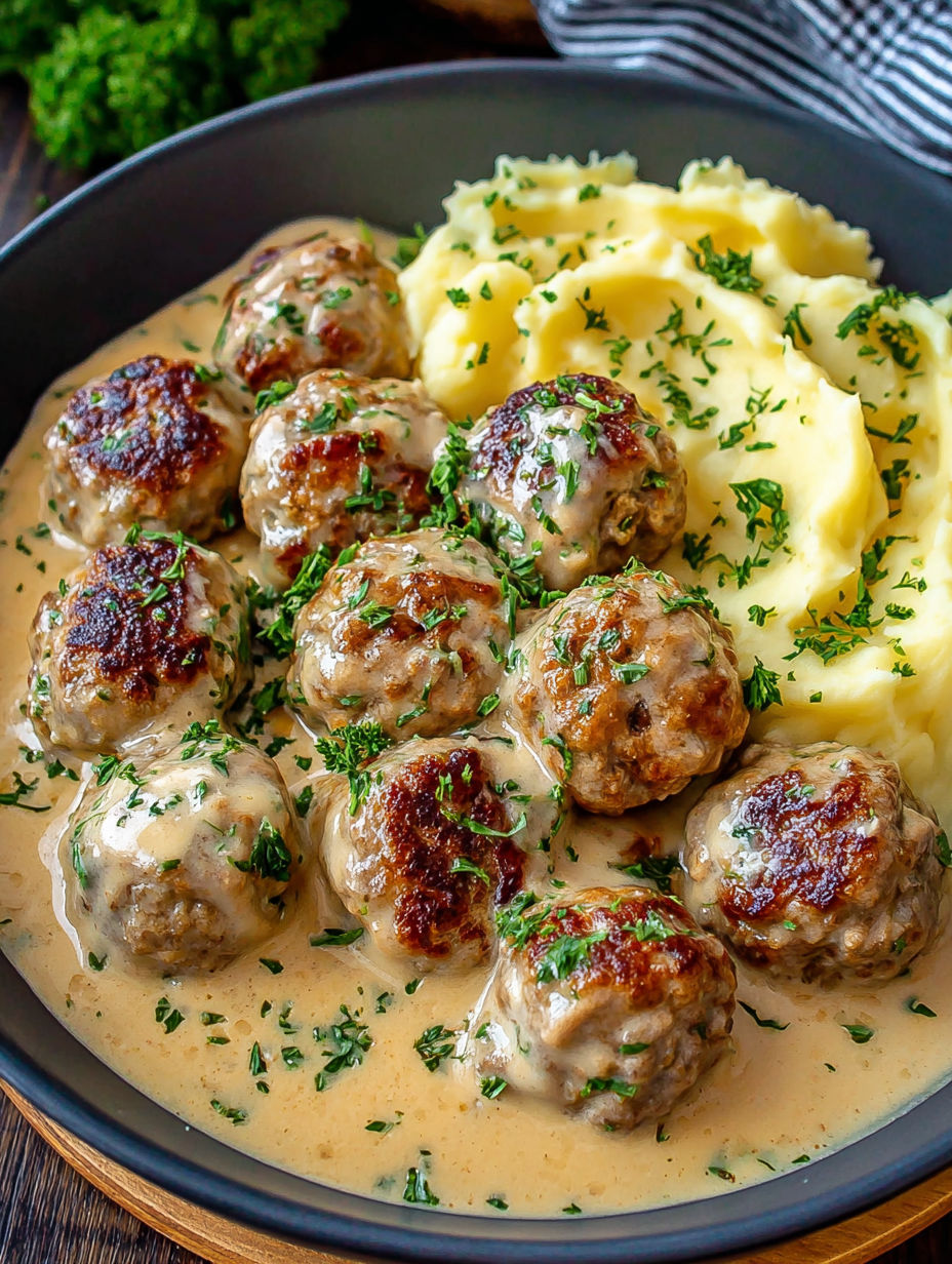 A bowl of meatballs in creamy sauce with mashed potatoes.