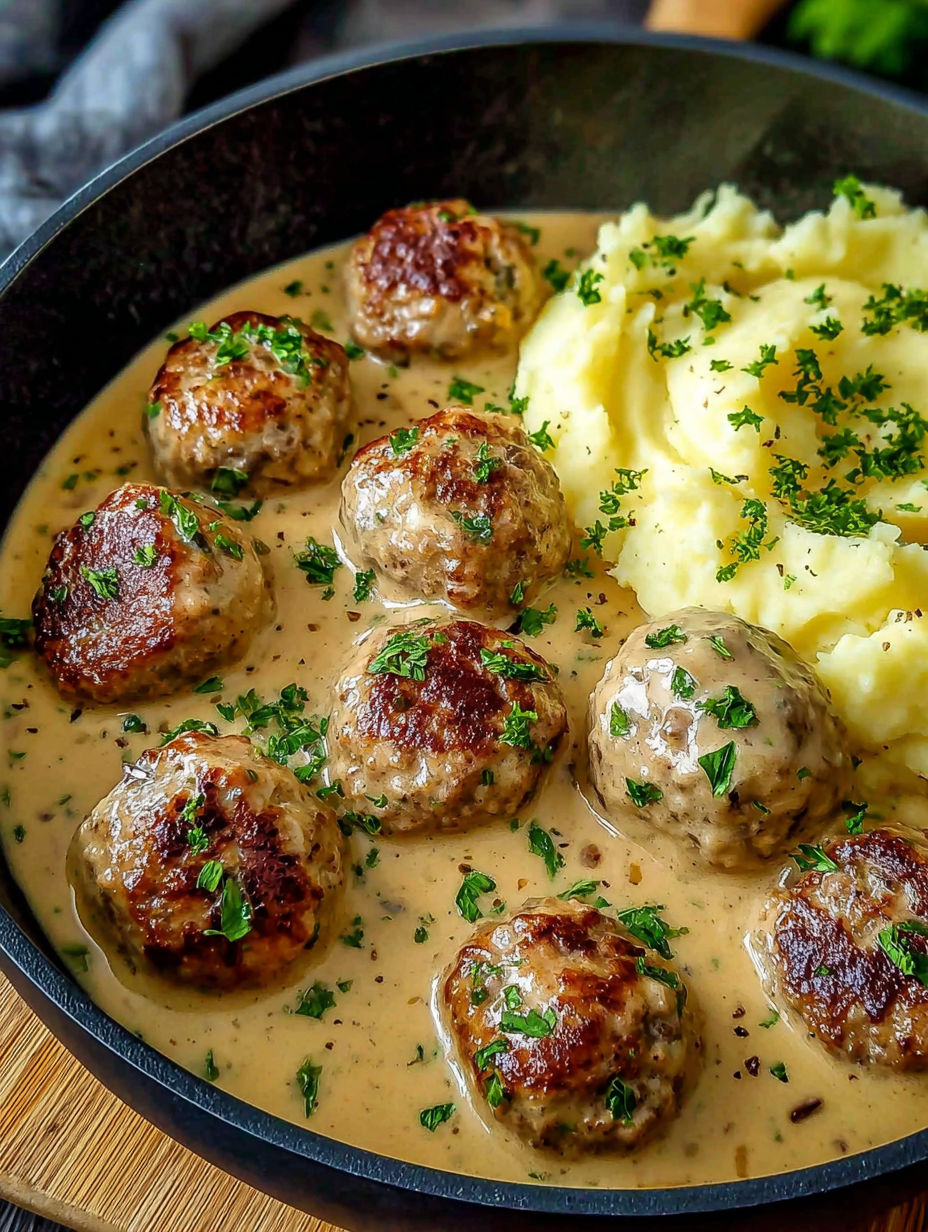 A plate of meatballs in a creamy sauce with mashed potatoes.