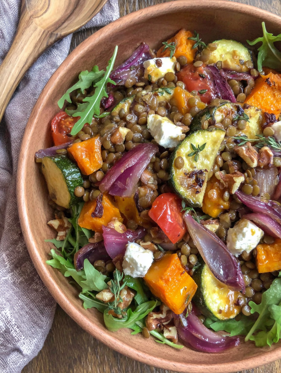 A bowl of roasted vegetable lentil salad with maple mustard dressing.