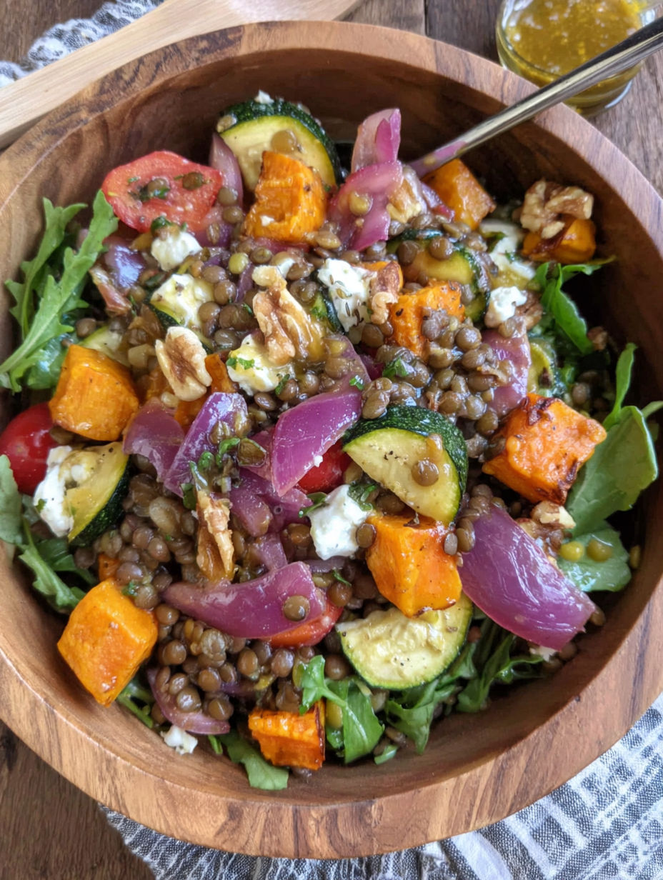 A bowl of roasted vegetable lentil salad with maple mustard dressing.