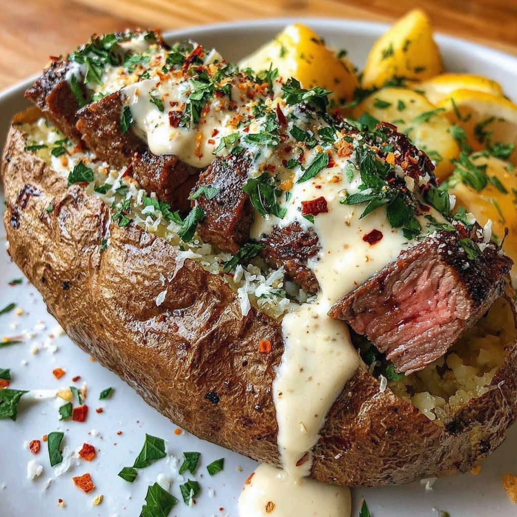 A loaded steak potato with cheese and sauce.