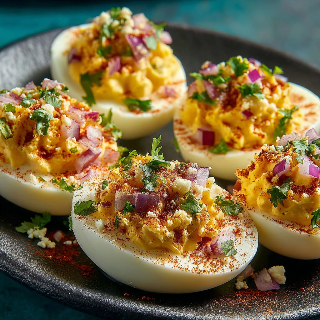 A plate of deviled eggs with a smoky elote topping.