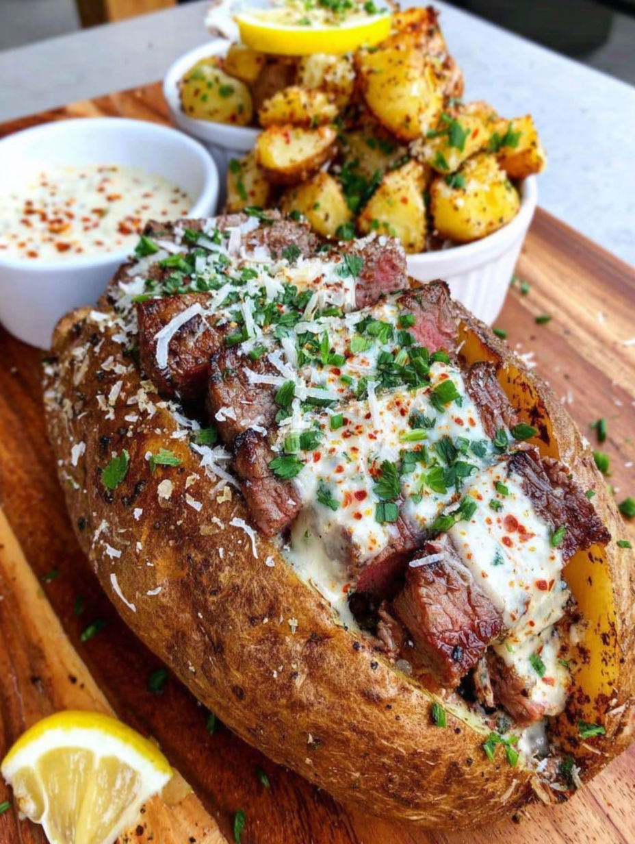 A loaded steak potato with cheese and peppers.