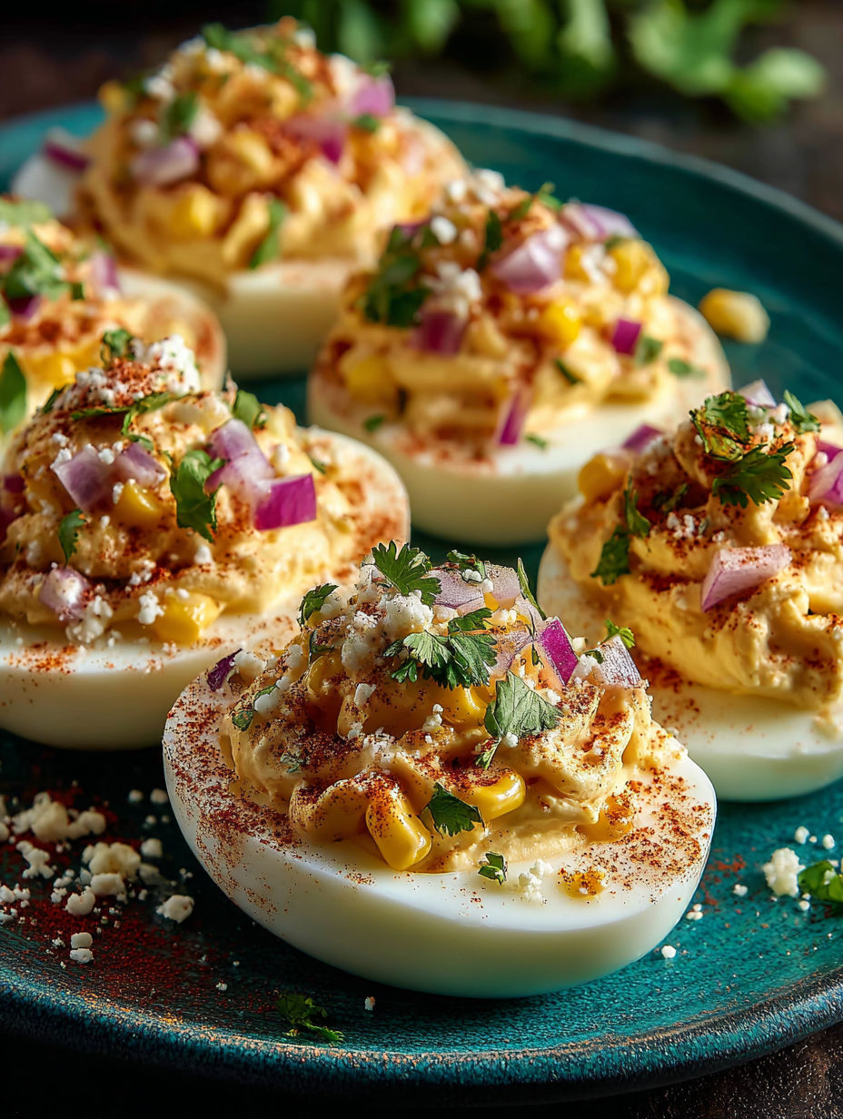 A plate of deviled eggs with a smoky elote topping.