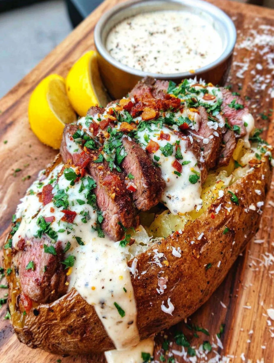 A loaded steak potato with cheese and bacon.