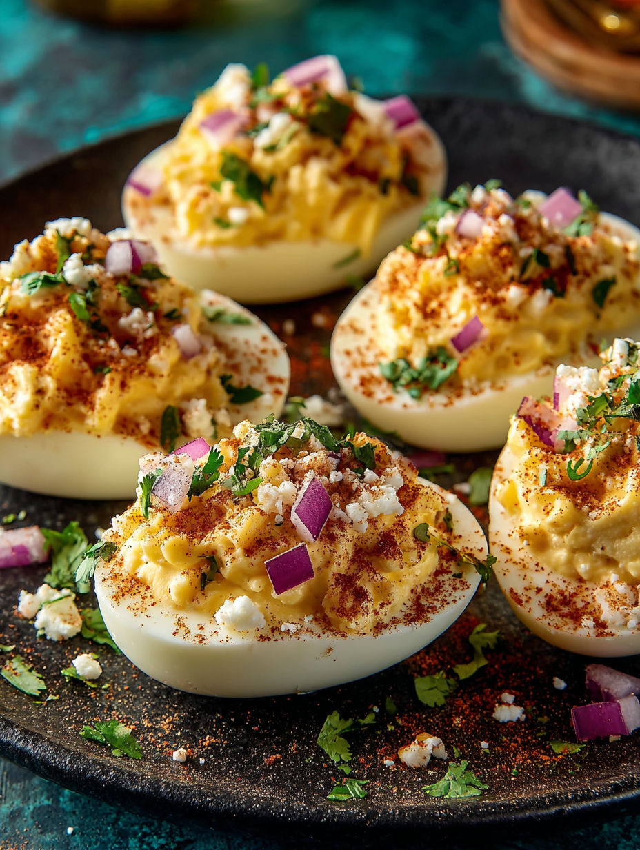 Five deviled eggs with a smoky elote topping.