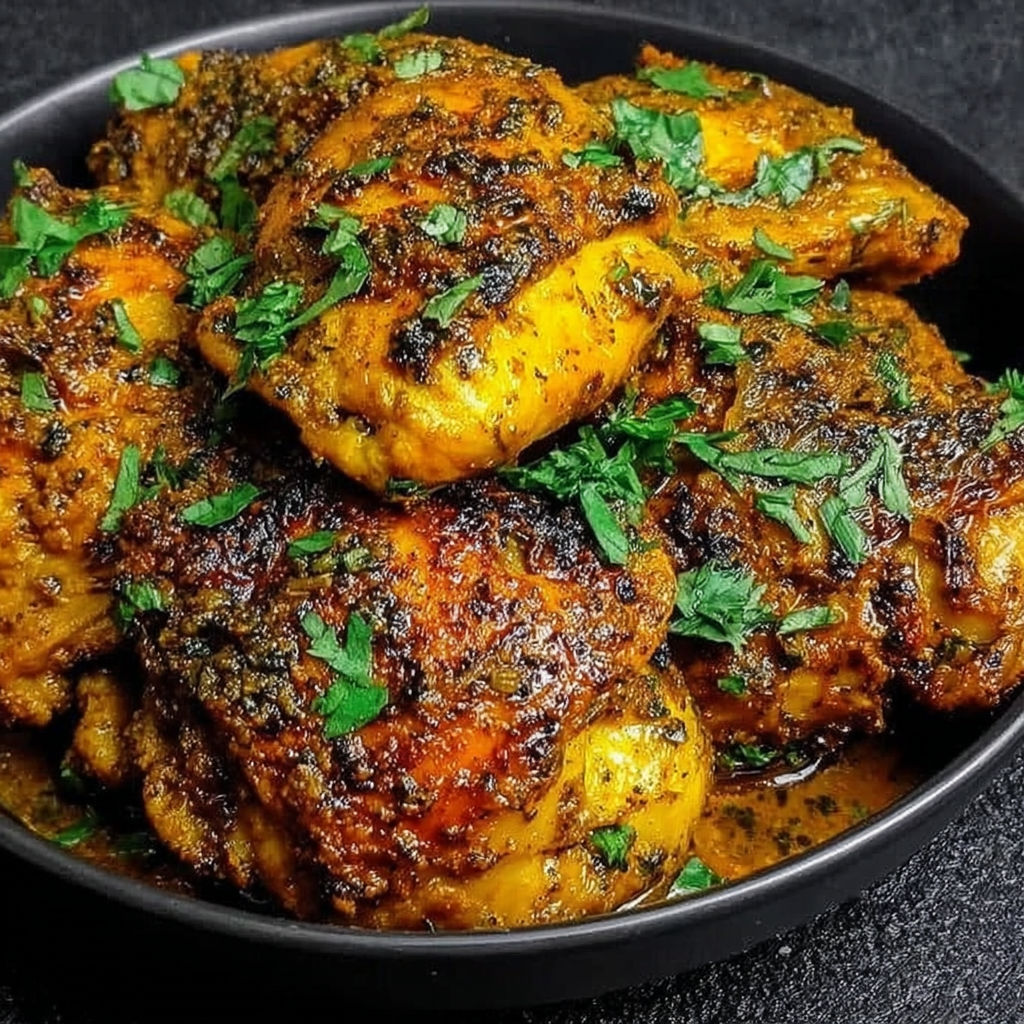 A bowl of chicken with spices.