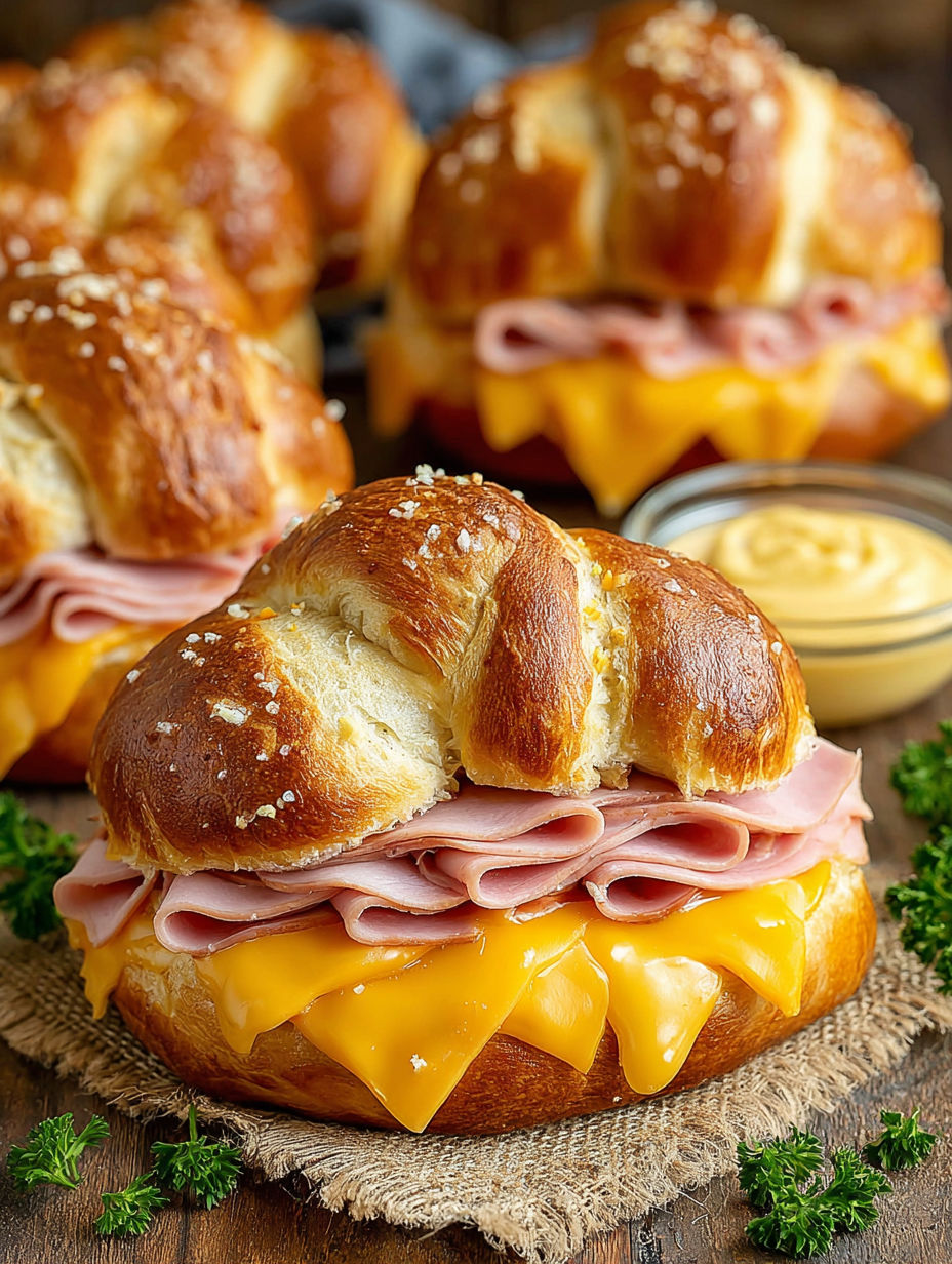 A close up of a delicious ham and cheese sandwich.
