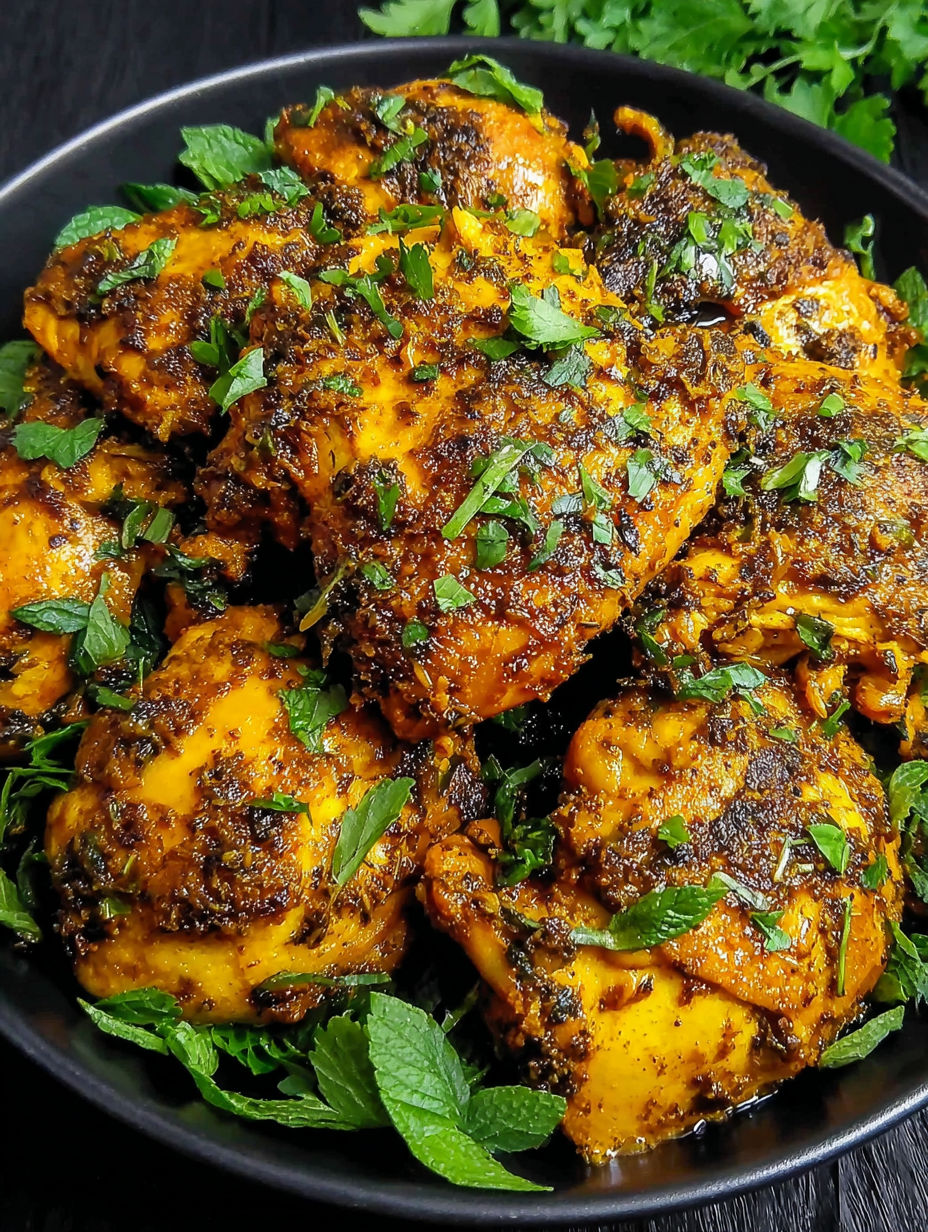 A bowl of chicken with spices.