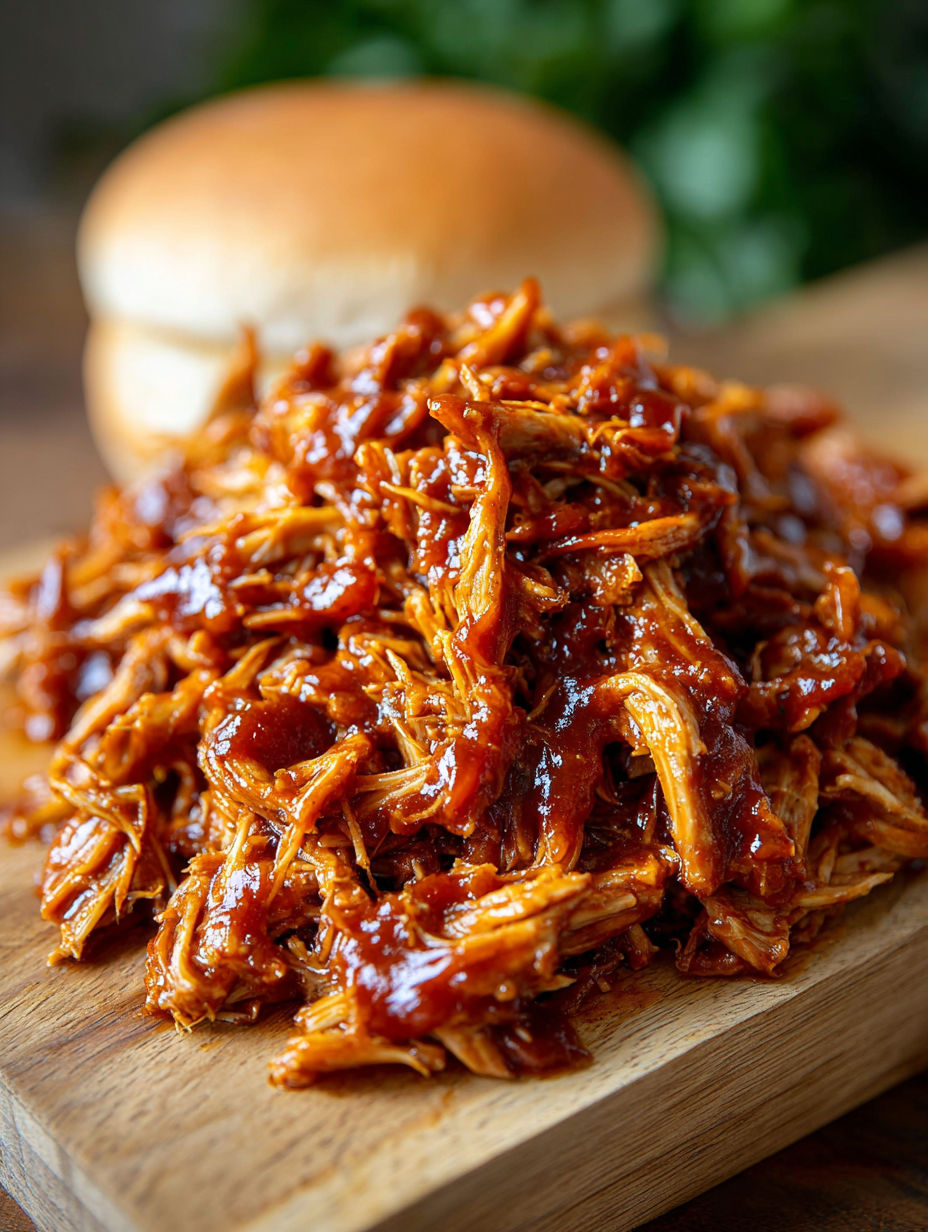 A pile of barbecue on a wooden table.
