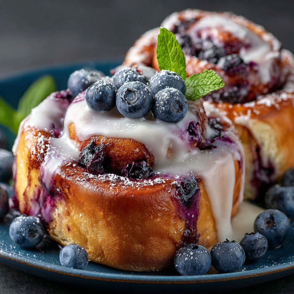 A plate of blueberry cinnamon rolls.