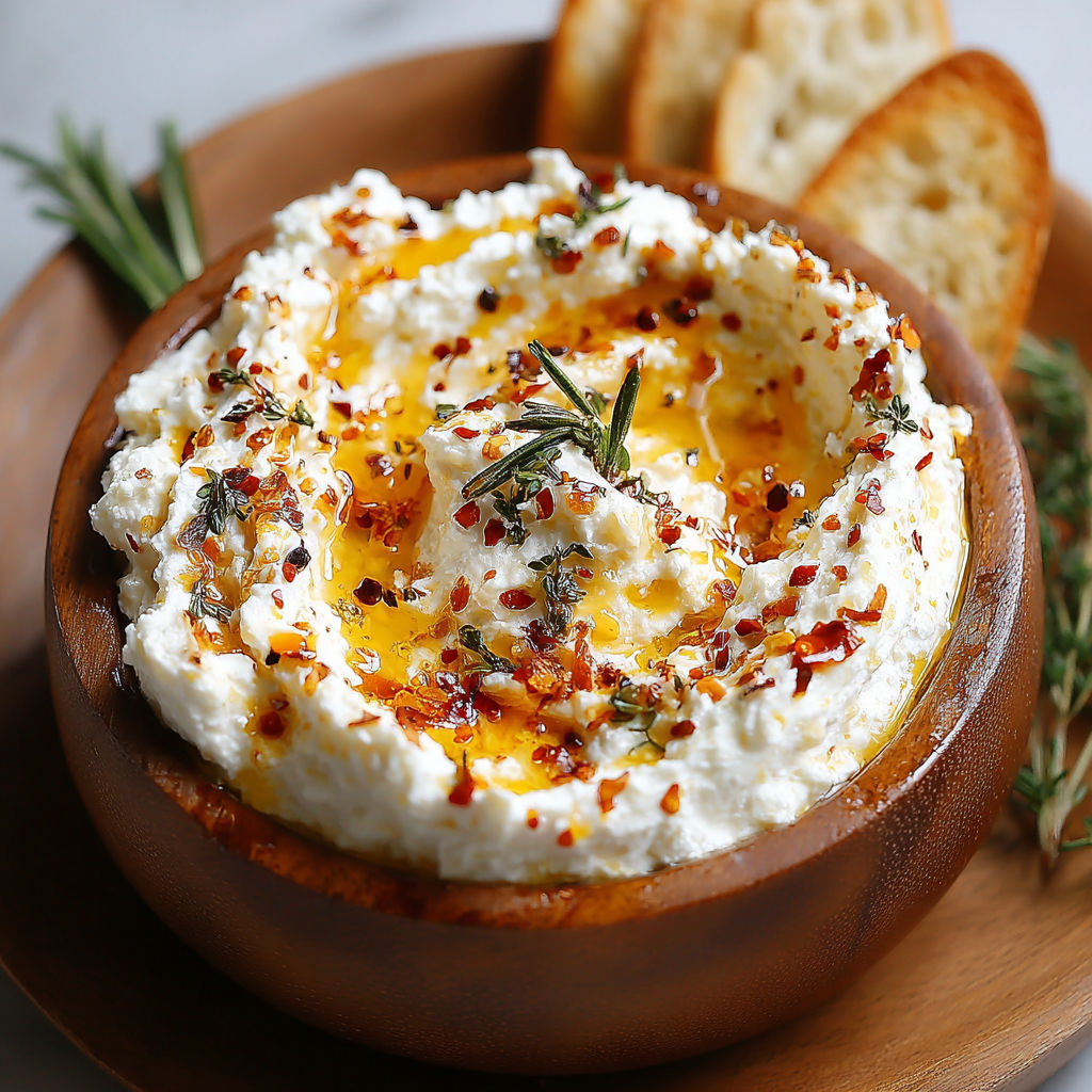 A bowl of spicy ricotta dip with hot honey.