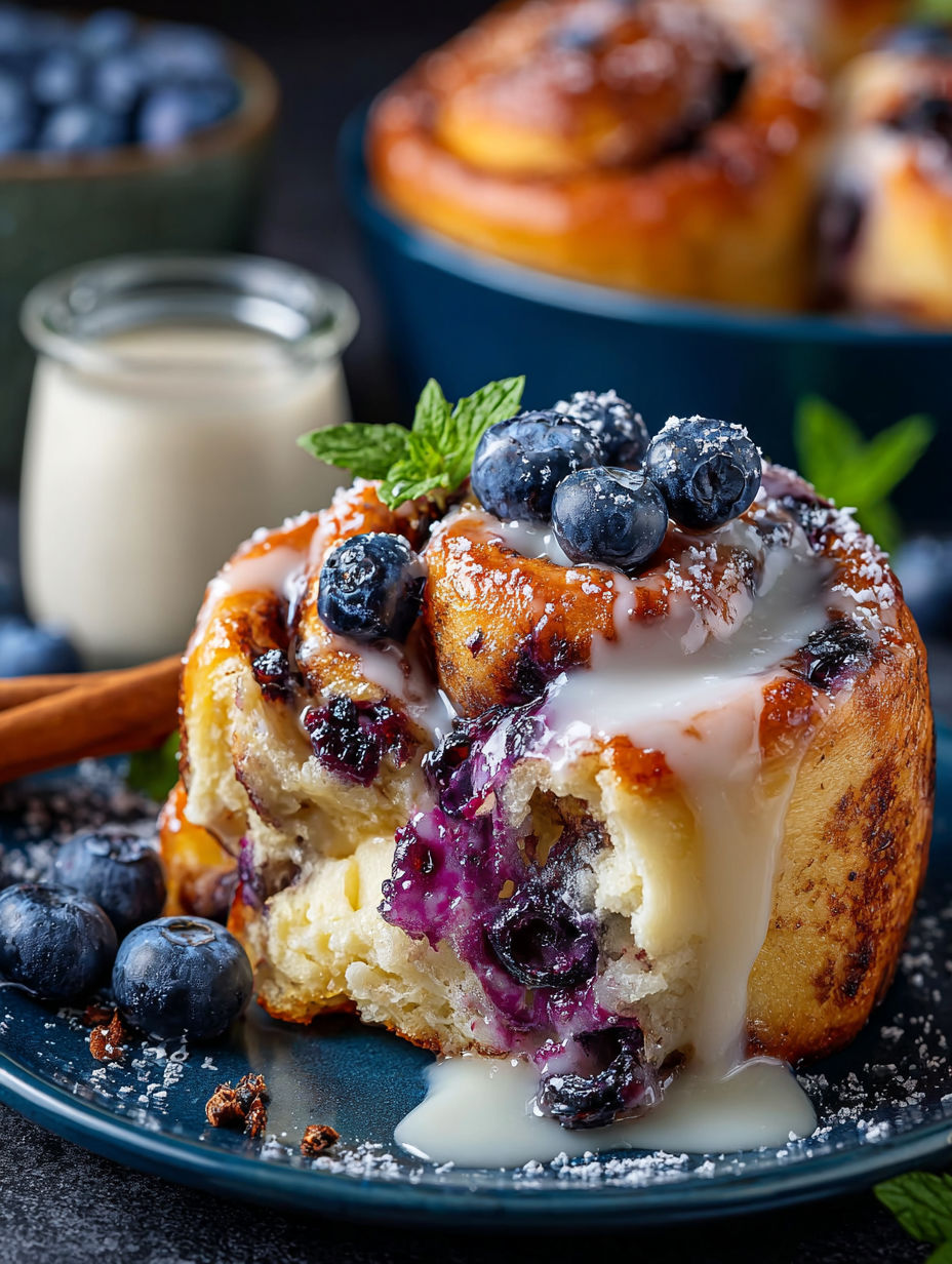 A blueberry cinnamon roll with white icing.