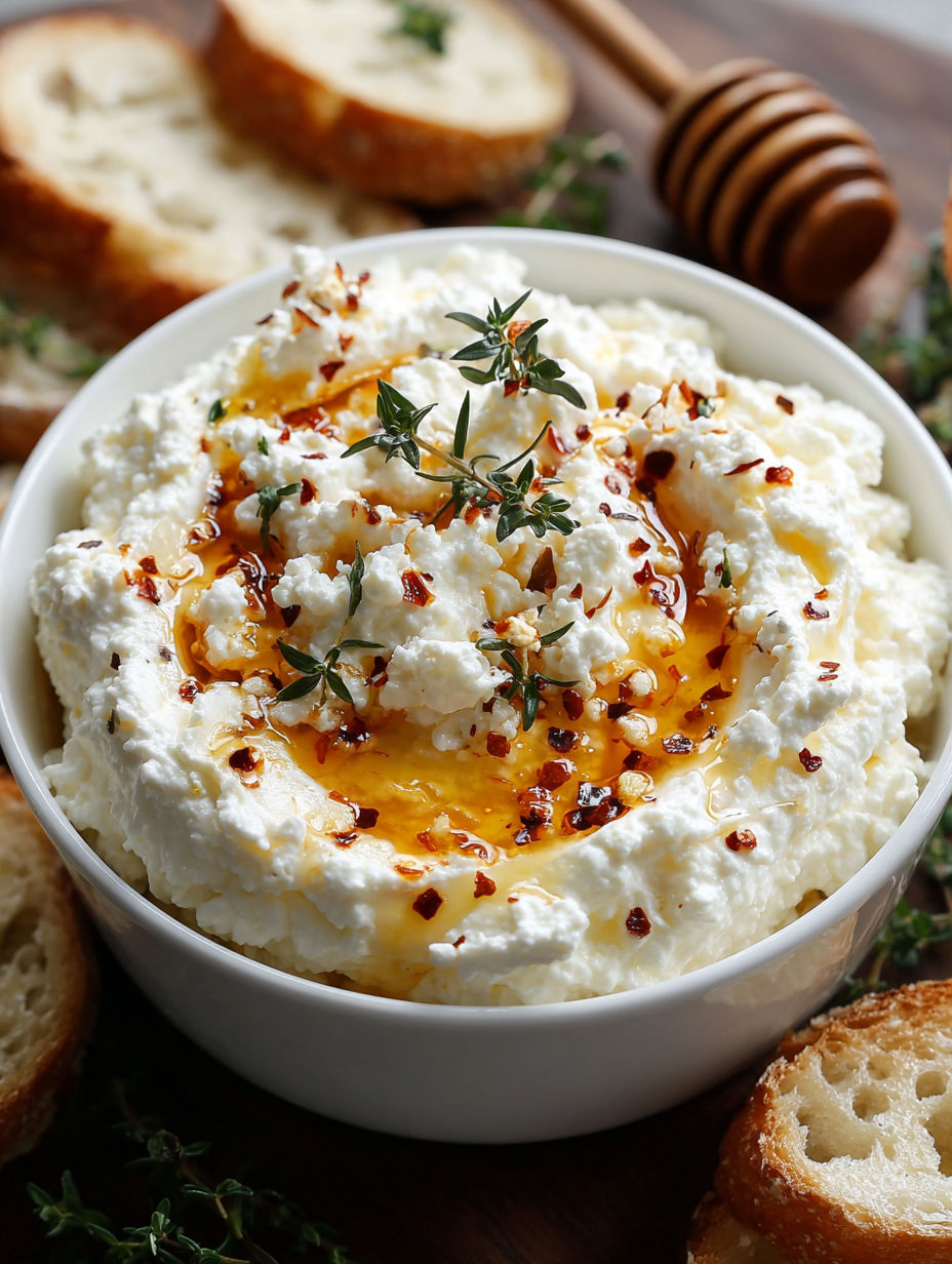 A white bowl filled with a spicy ricotta dip.
