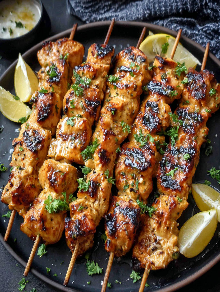 Grilled cowboy butter chicken skewers with lemon wedges.
