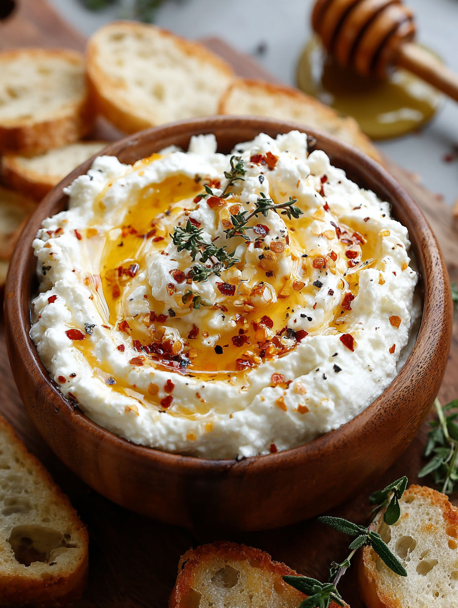 A bowl of spicy ricotta dip with hot honey.